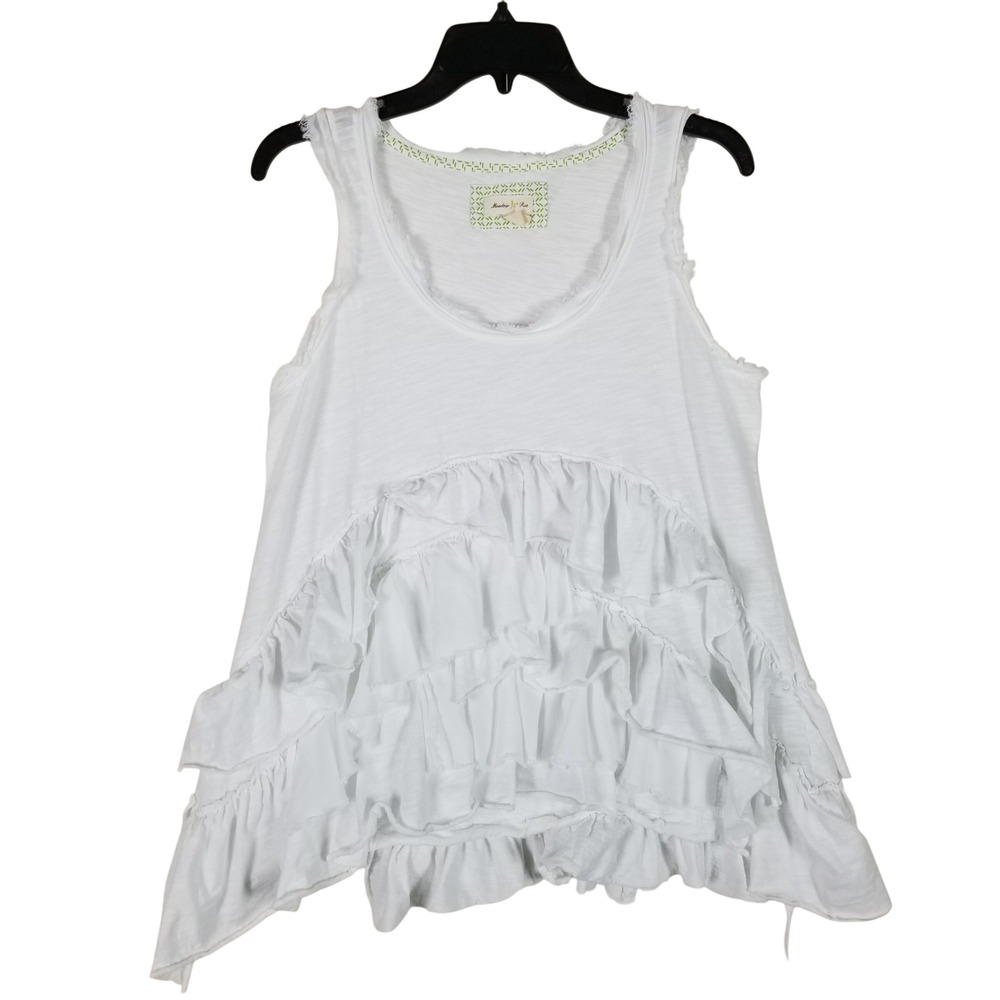 Meadow Rue Tank Top Women Large White Tiered Ruffle Boho Scoop Neck Slub Knit